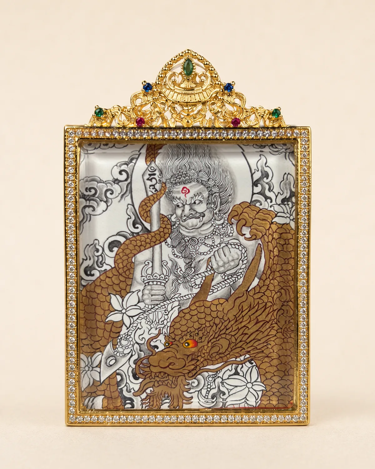 Sword-Bearing Wrathful Figure with Golden Dragon Line-Drawing Miniature Thangka | V2.12 front overall view
