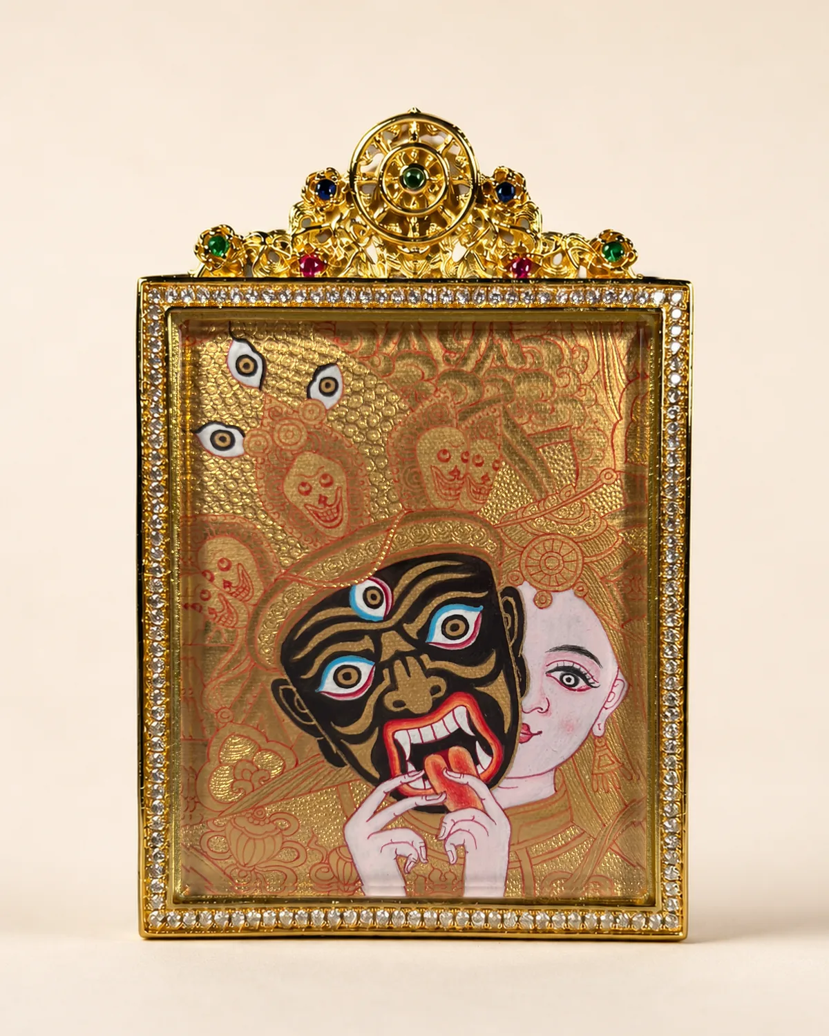 Figure with a Wrathful Mask Gold-Ground Miniature Thangka | V2.12 front overall view