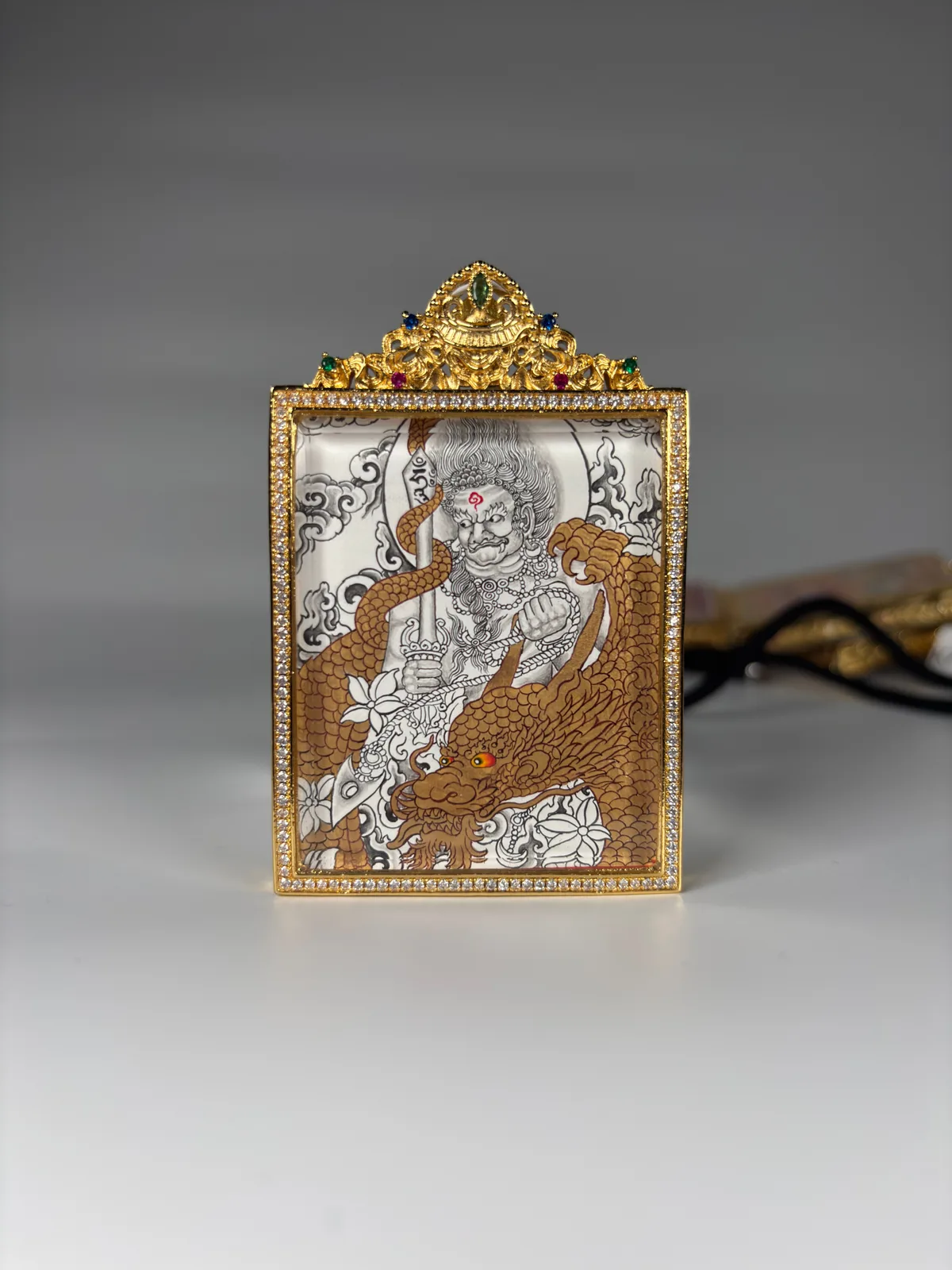 Sword-Bearing Wrathful Figure with Golden Dragon Line-Drawing Miniature Thangka | Front overall view