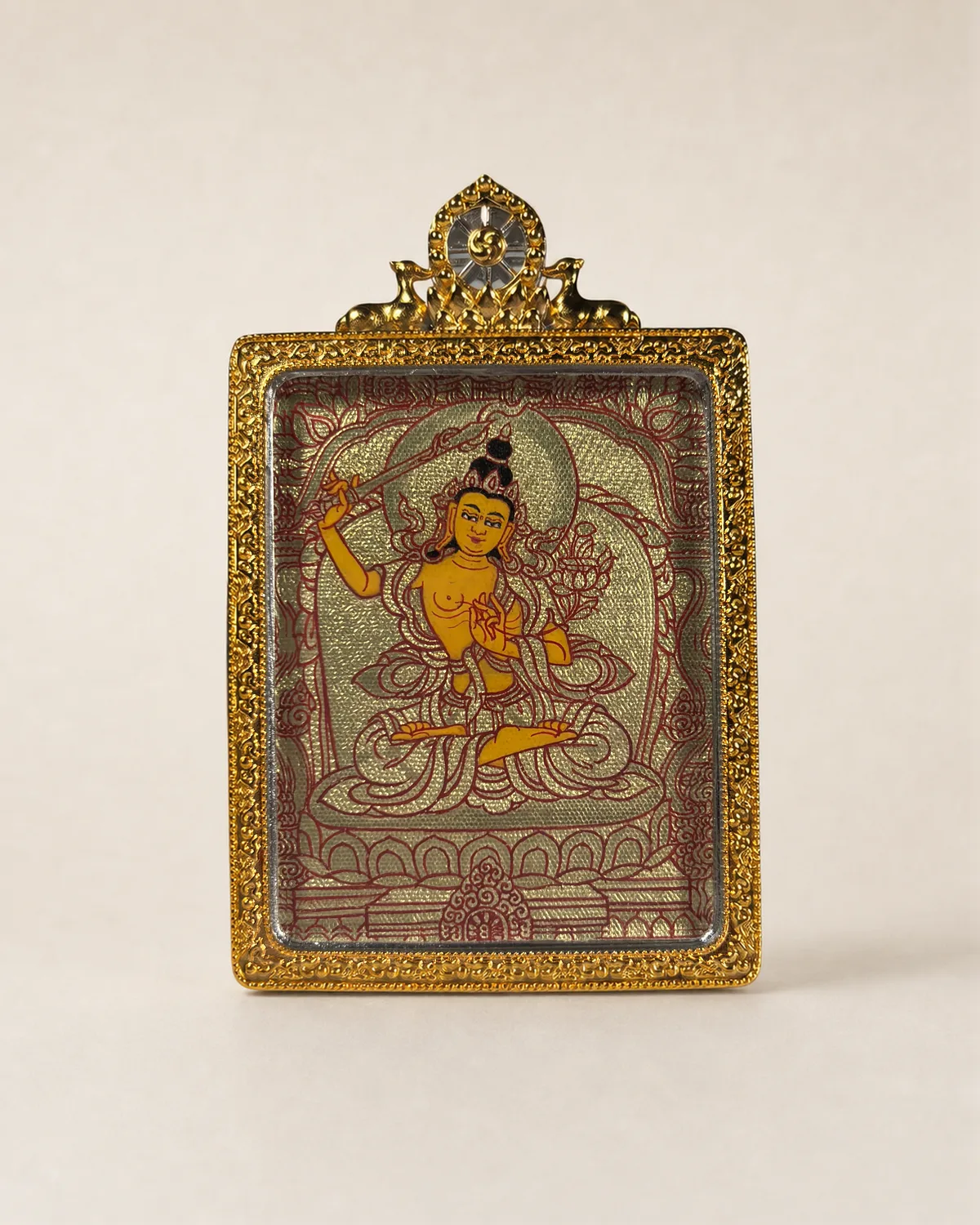 Sword-Bearing Manjushri Gold-Ground Miniature Thangka | Front overall view
