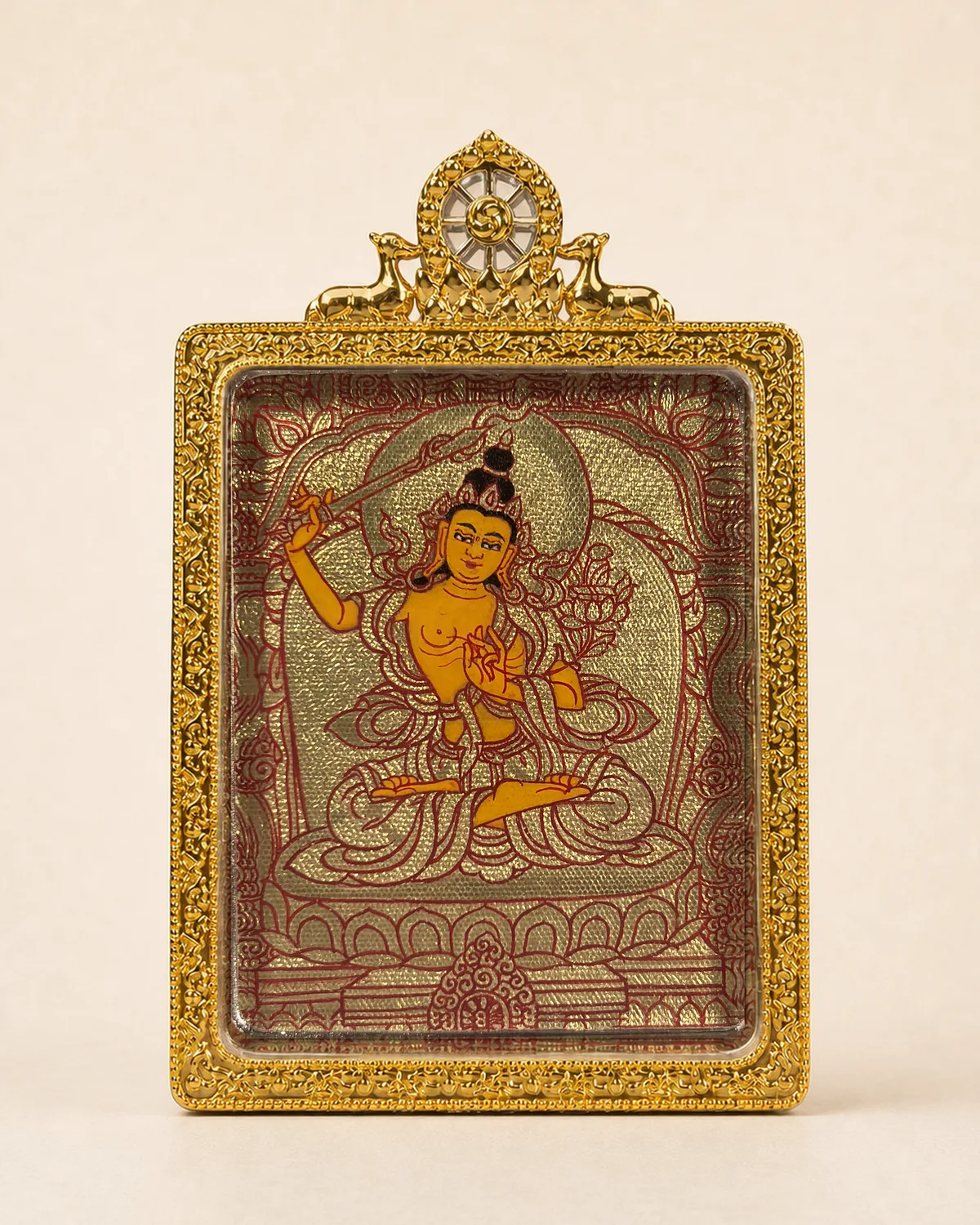 Sword-Bearing Manjushri Gold-Ground Miniature Thangka | V2.12 front overall view