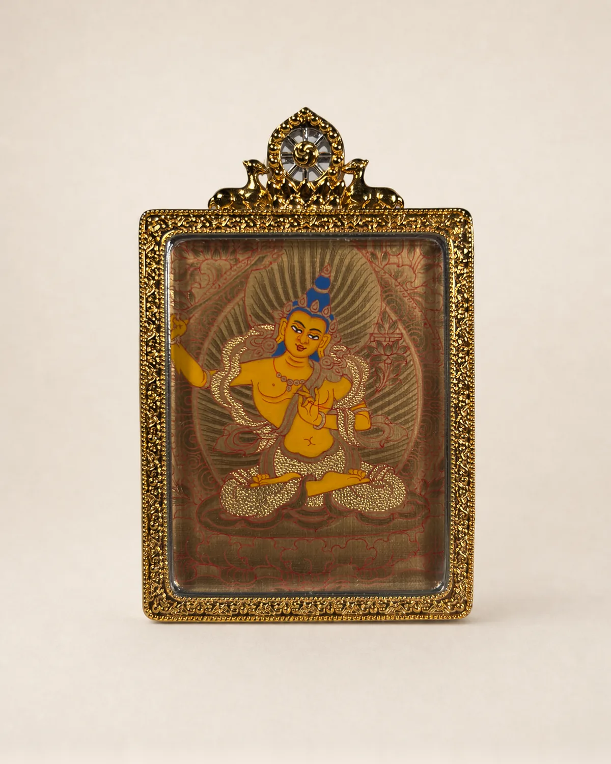 Manjushri Bodhisattva Gold-Ground Miniature Thangka | Front overall view