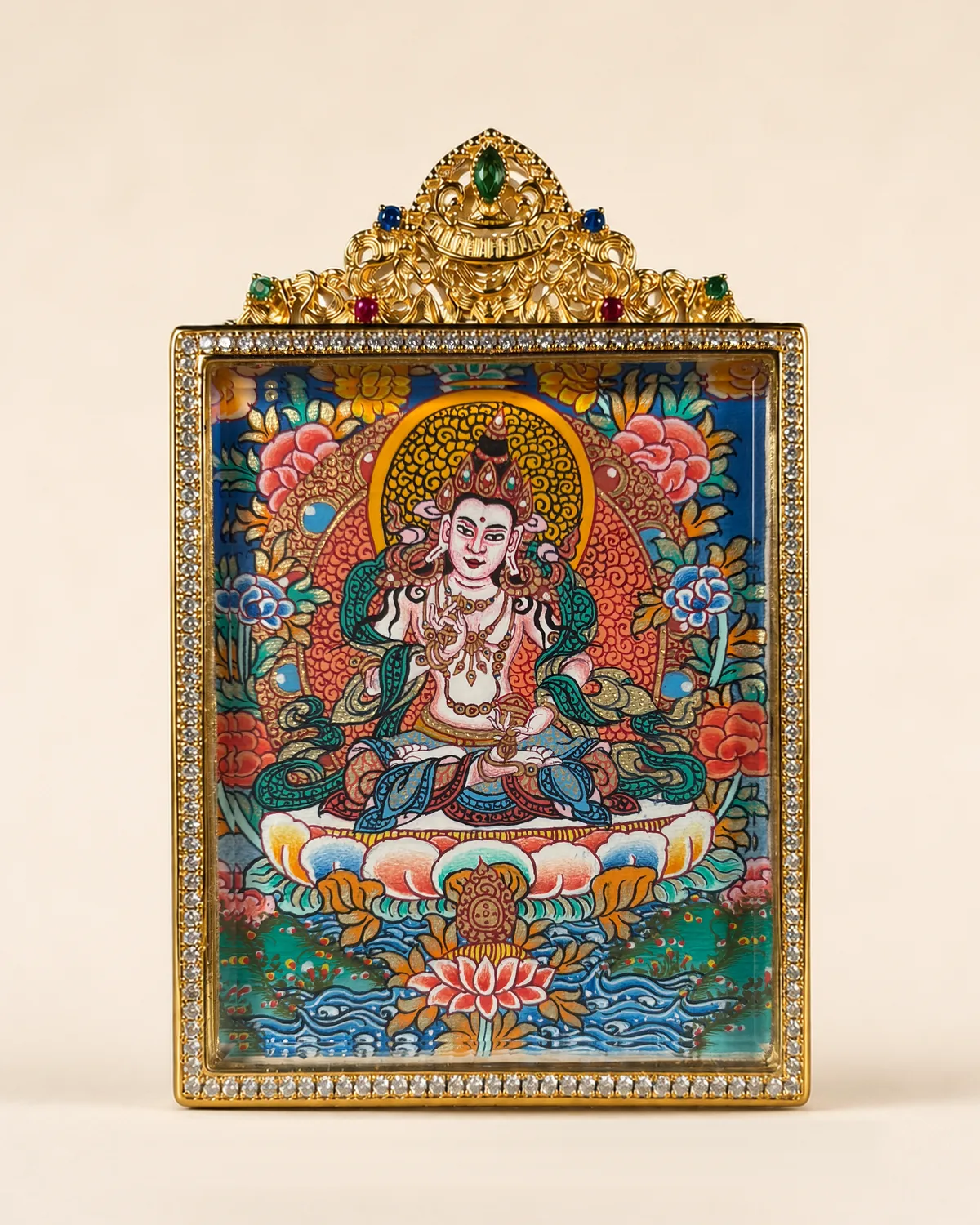 Polychrome Vajrasattva Miniature Thangka | V2.12 front overall view