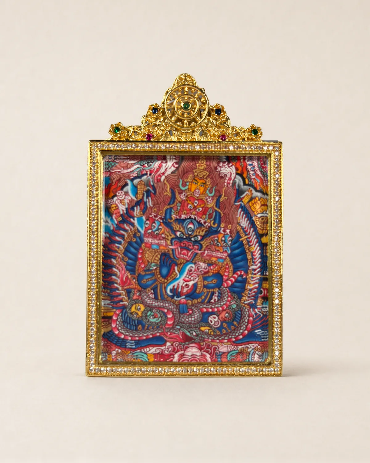 Vajrabhairava (Yamantaka) Polychrome Miniature Thangka | Front overall view