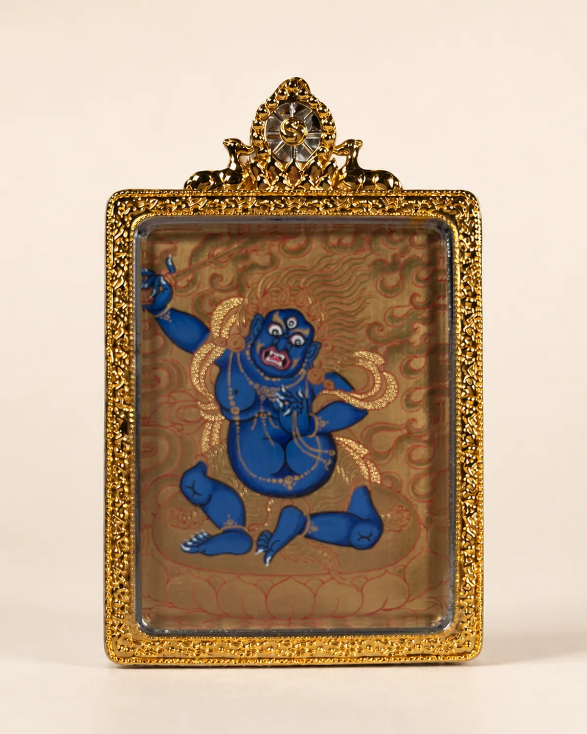 Blue Sword-Bearing Wrathful Figure Gold-Ground Miniature Thangka | V2.12 front overall view