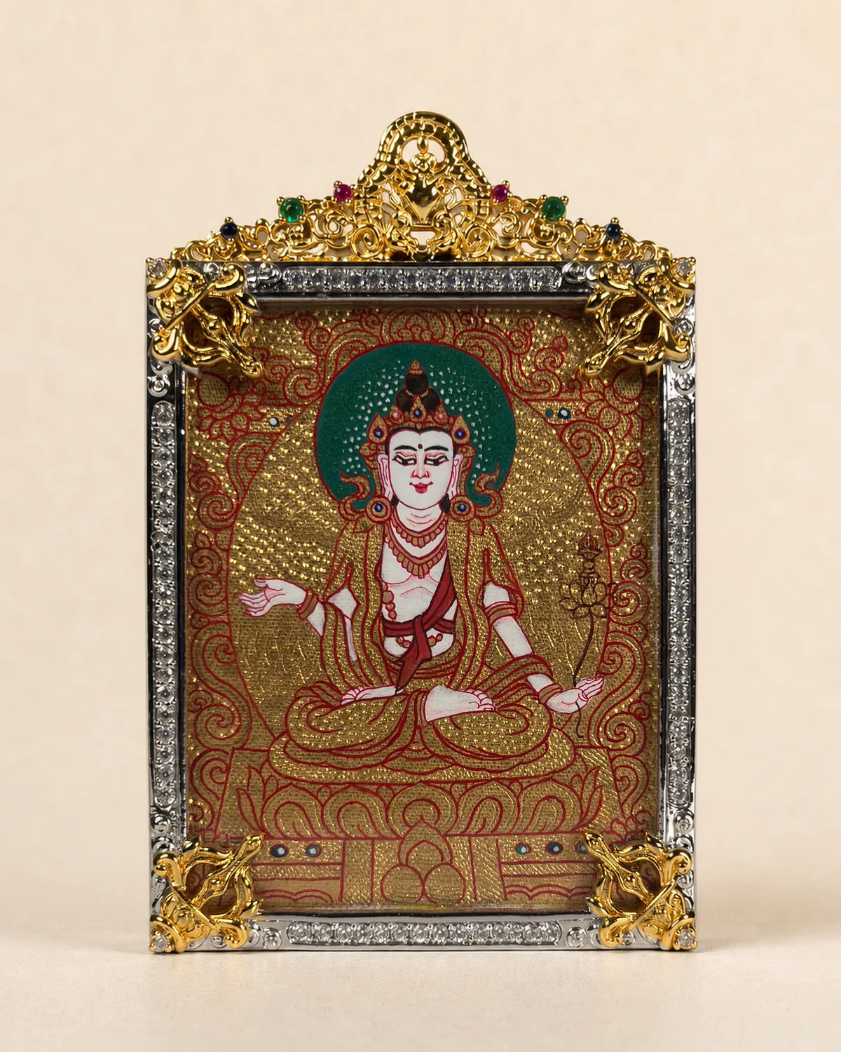 White Lotus-Bearing Bodhisattva Gold-Ground Miniature Thangka | V2.12 front overall view