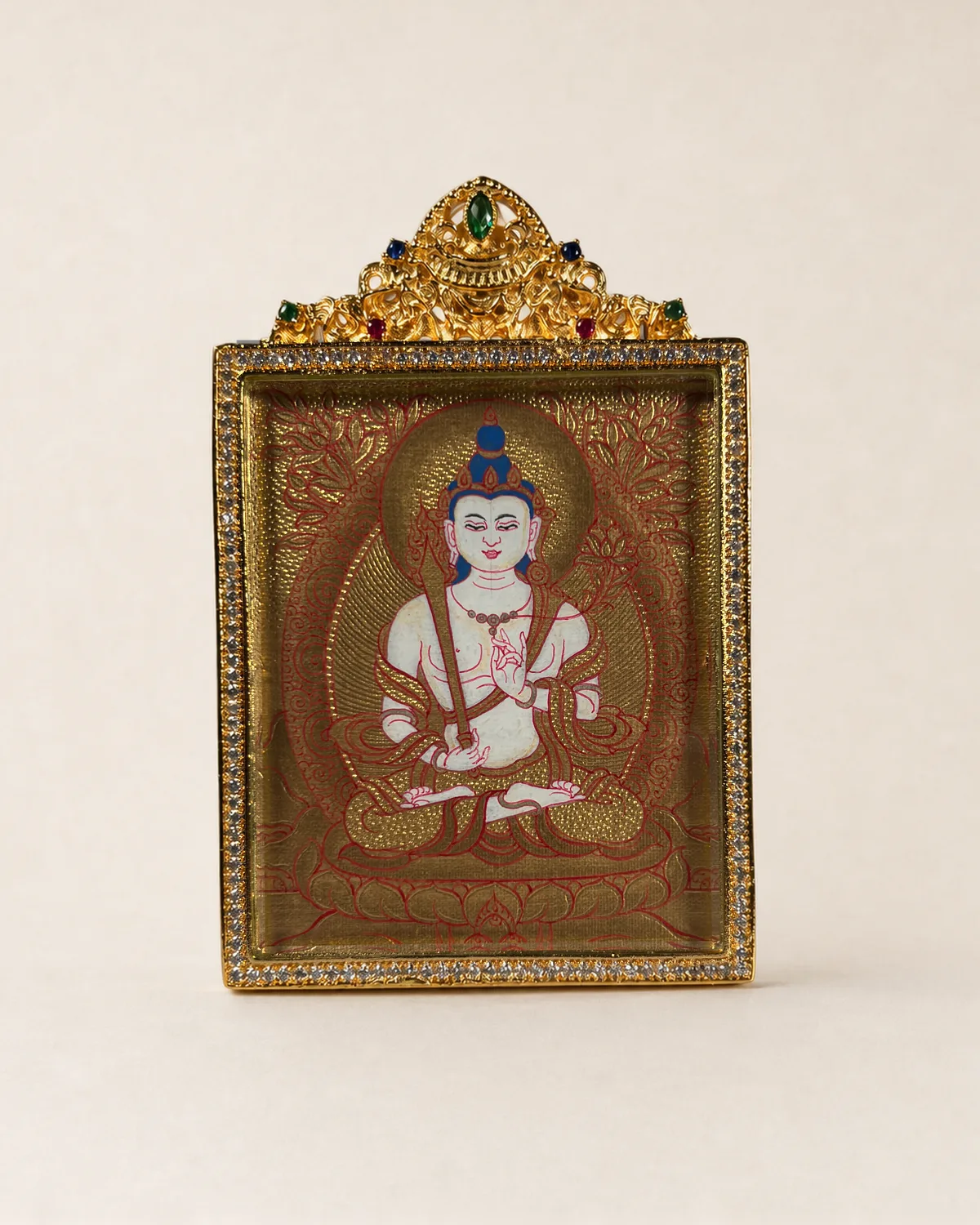 White Peaceful Bodhisattva Gold-Ground Miniature Thangka B | Front overall view
