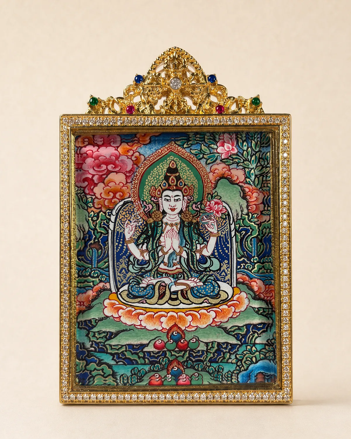Four-Armed Avalokiteshvara Miniature Thangka | V2.12 front overall view