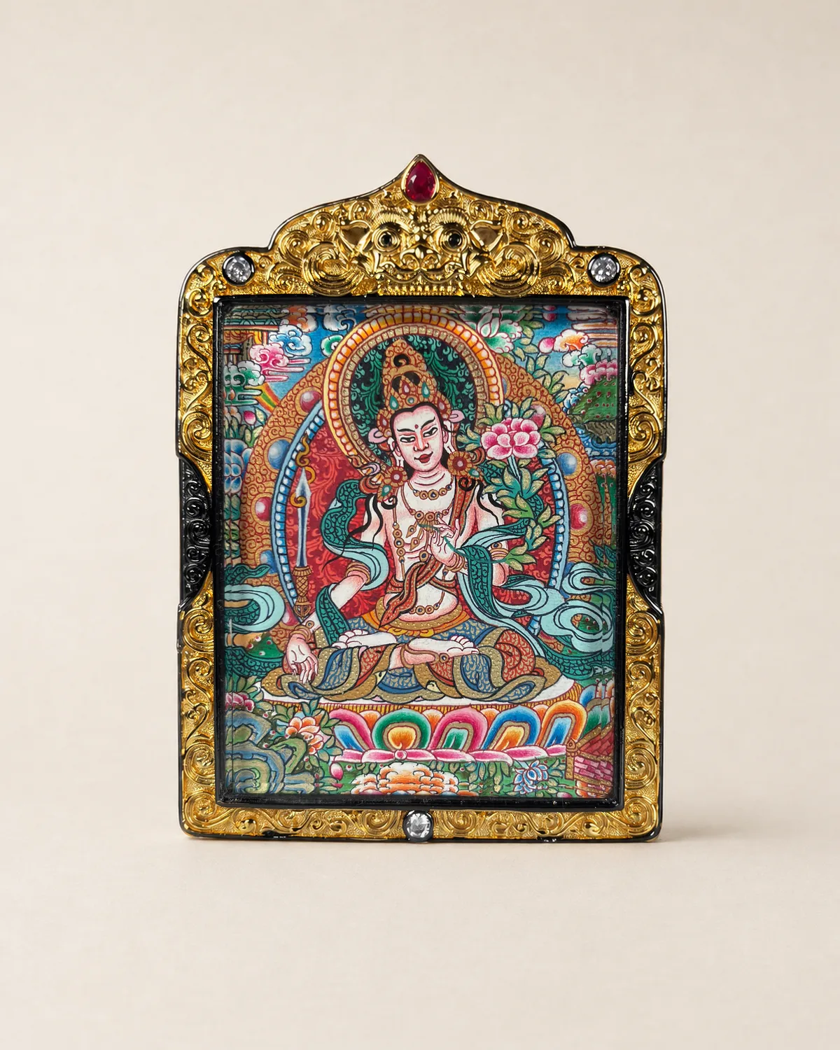 Sword-Bearing Bodhisattva Polychrome Miniature Thangka | Front overall view
