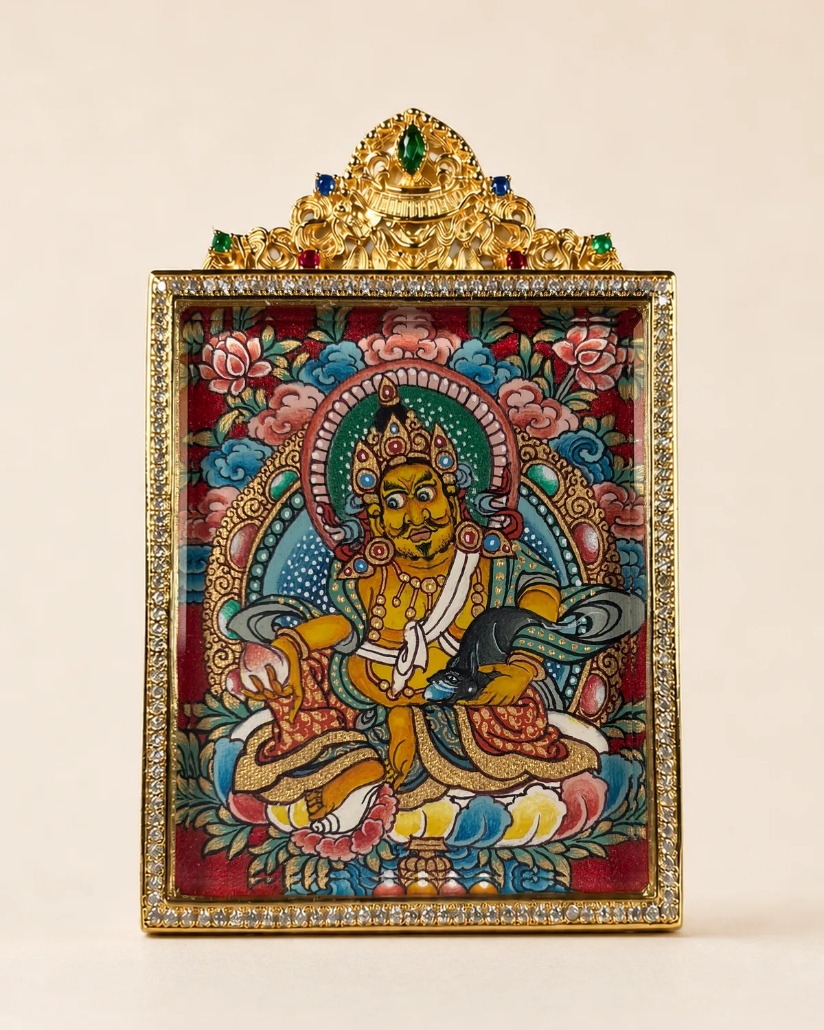Polychrome Yellow Jambhala Miniature Thangka | V2.12 front overall view