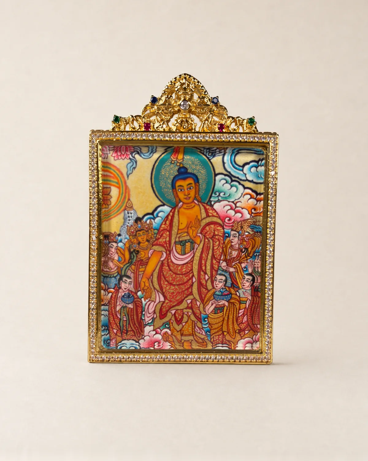 Standing Shakyamuni Teaching Scene Polychrome Miniature Thangka | Front overall view