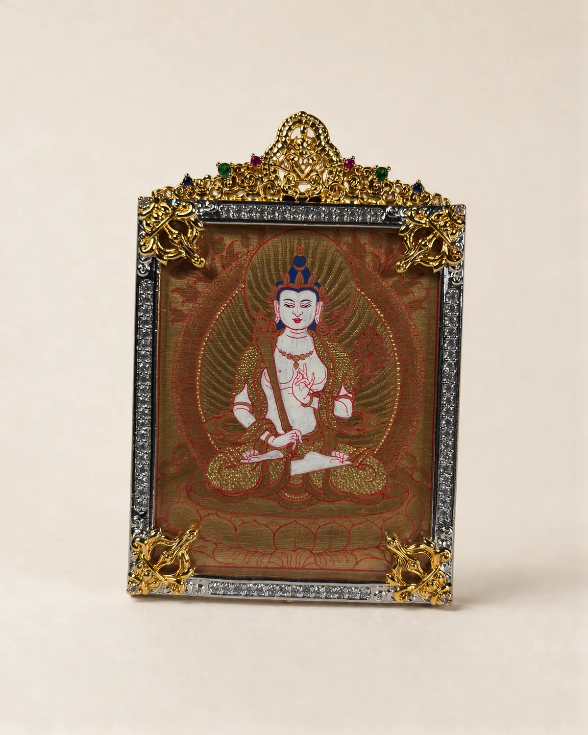White Peaceful Bodhisattva Gold-Ground Miniature Thangka A | Front overall view