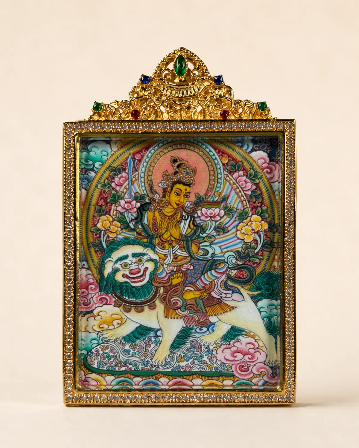 Manjushri on a Blue Lion Floral Polychrome Miniature Thangka | V2.12 front overall view