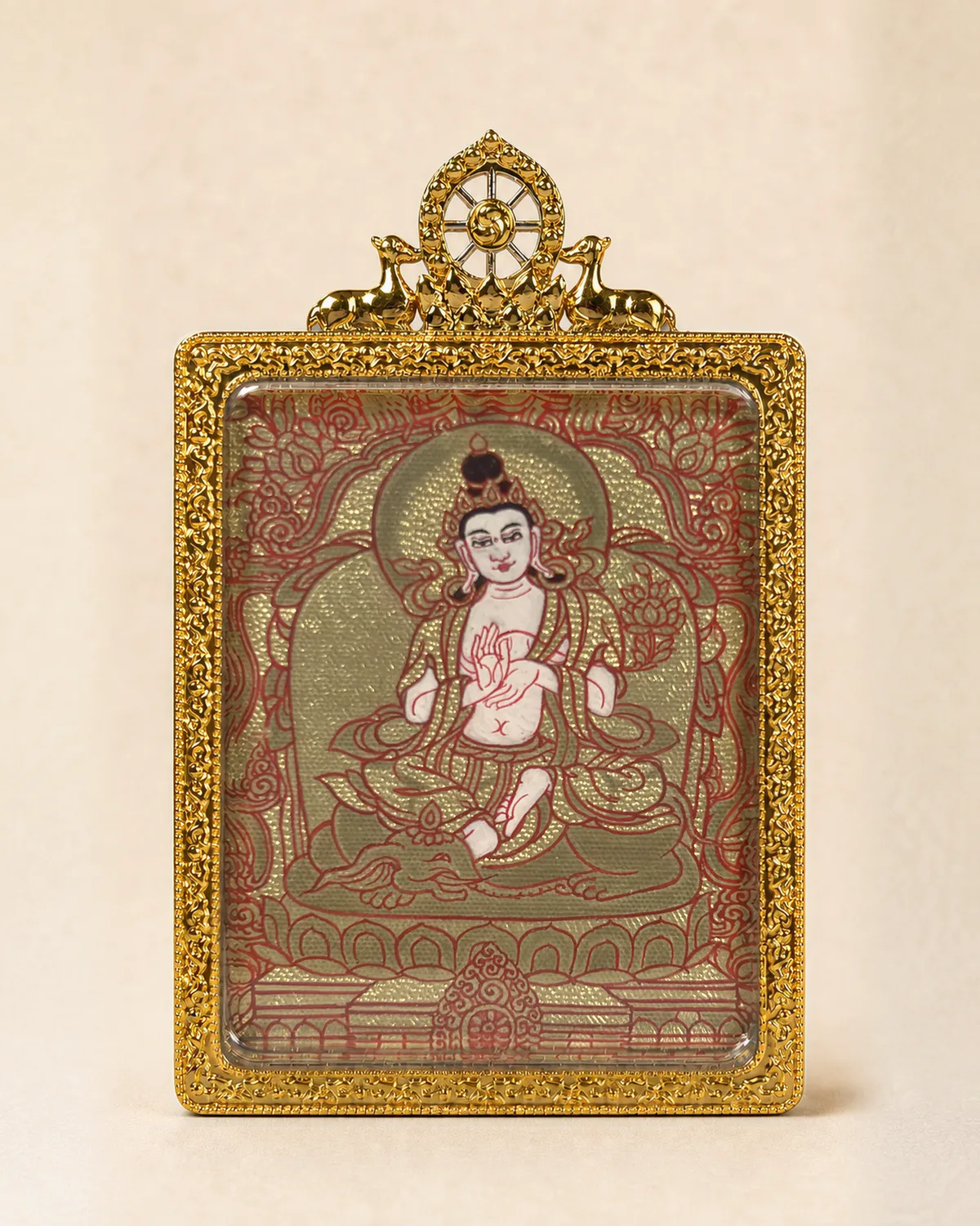 White Peaceful Bodhisattva Gold-Ground Miniature Thangka | V2.12 front overall view