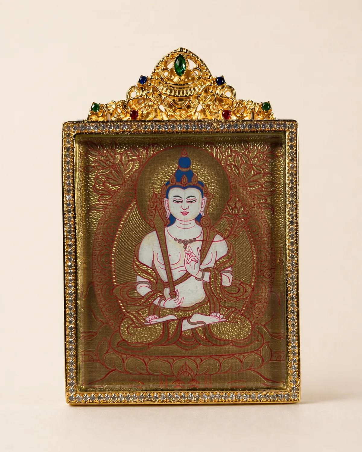 White Peaceful Bodhisattva Gold-Ground Miniature Thangka B | V2.12 front overall view
