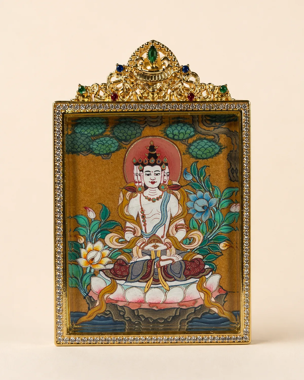 Multi-Faced Vairocana on a Lotus Throne Polychrome Miniature Thangka | V2.12 front overall view