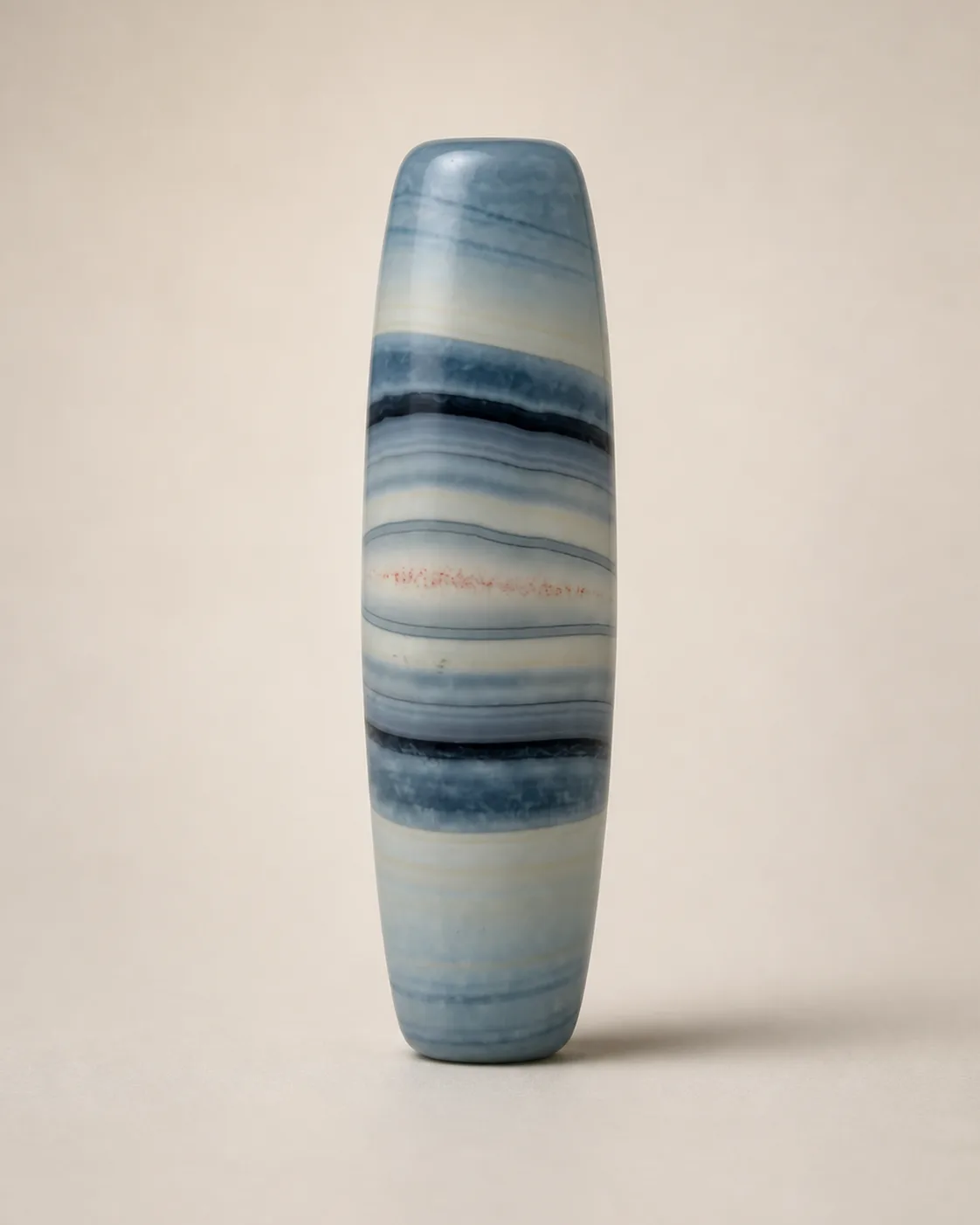 Banded Agate Dzi Bead with alternating pale-blue and cream broad bands — approx. 44.7 × 14.5 mm | Front