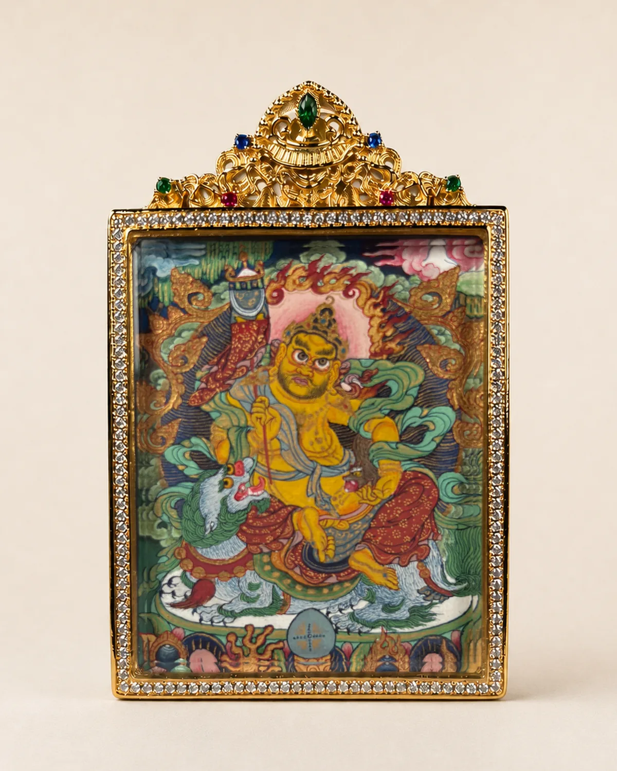 Vaishravana (Wealth Guardian) Polychrome Miniature Thangka | V2.12 front overall view