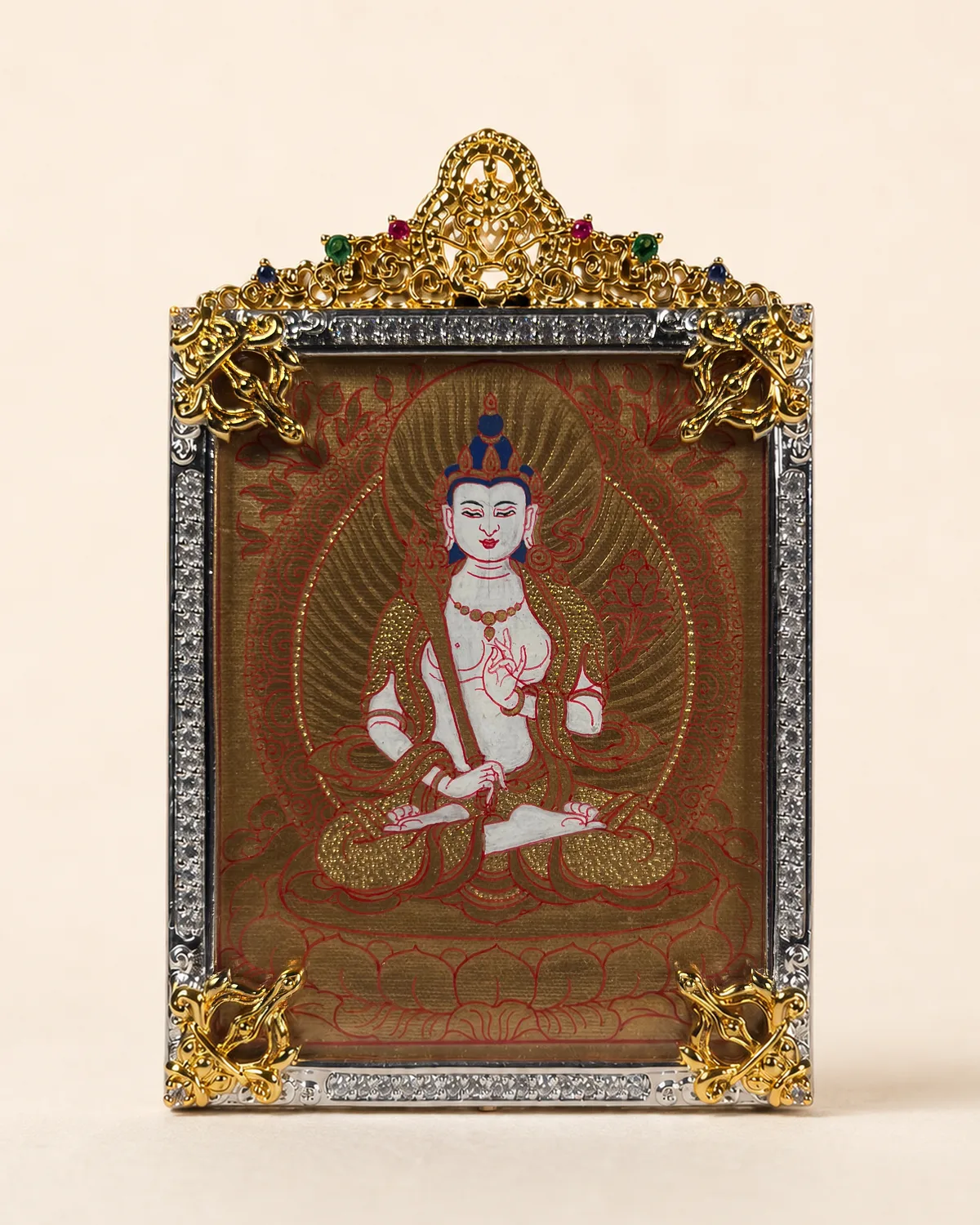 White Peaceful Bodhisattva Gold-Ground Miniature Thangka A | V2.12 front overall view