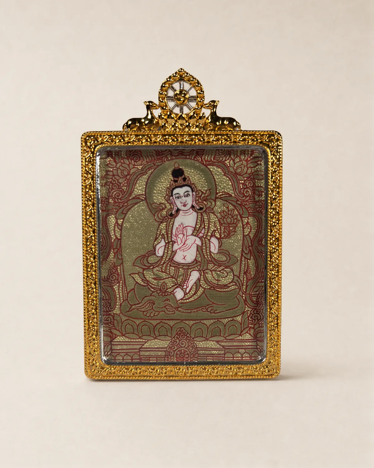 White Peaceful Bodhisattva Gold-Ground Miniature Thangka | Front overall view