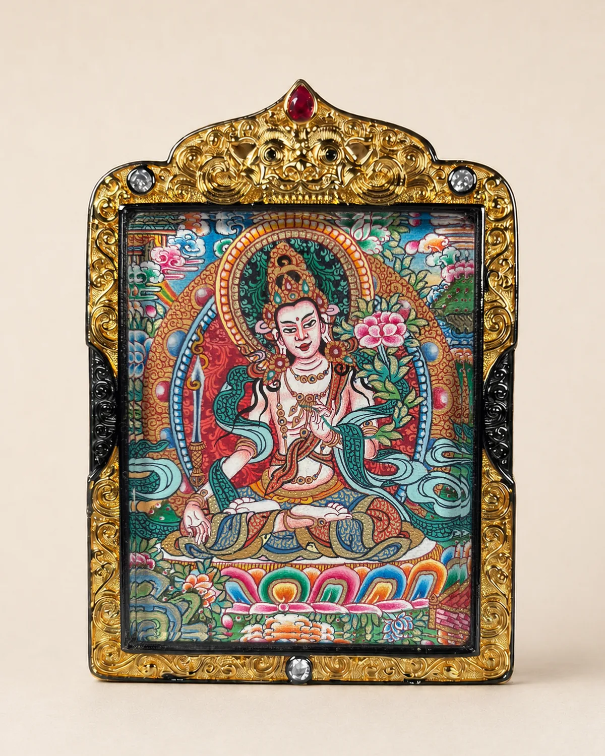 Sword-Bearing Bodhisattva Polychrome Miniature Thangka | V2.12 front overall view