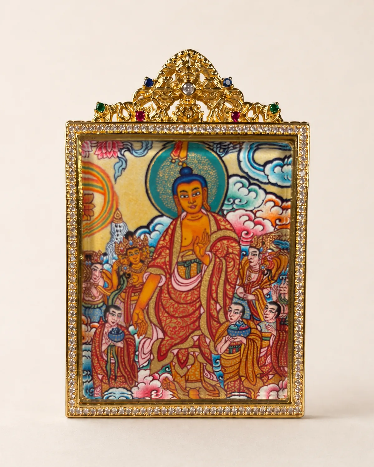 Standing Shakyamuni Teaching Scene Polychrome Miniature Thangka | V2.12 front overall view