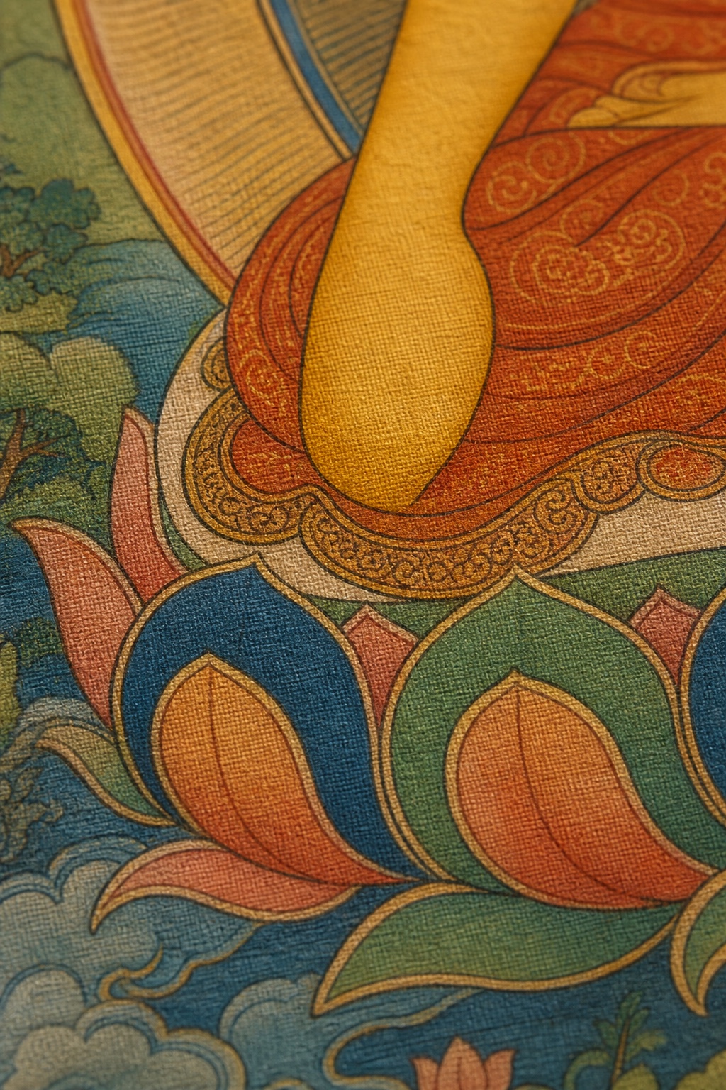Close detail of pigment, fine line and prepared cotton cloth on a Shakyamuni Buddha thangka