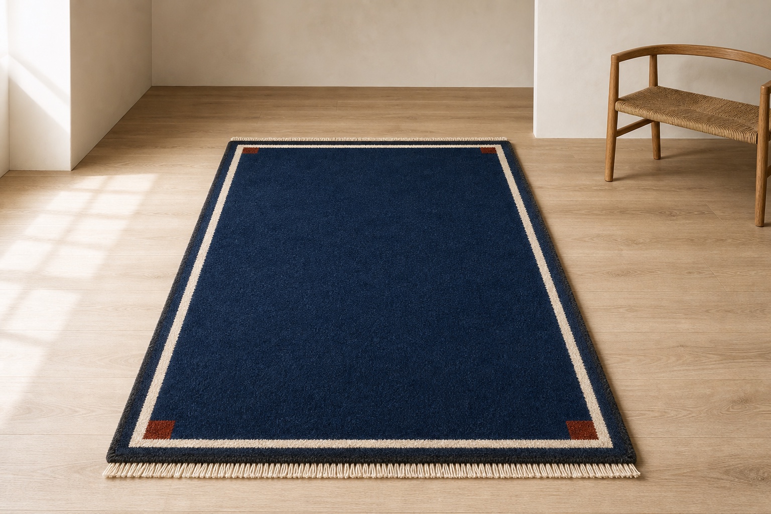 Hand-knotted wool rug shown at room scale