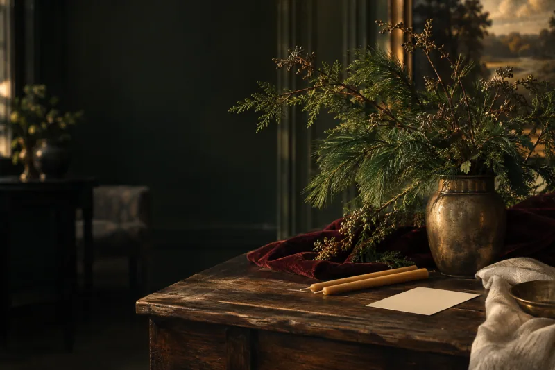 Evergreen, burgundy velvet and brass in warm light