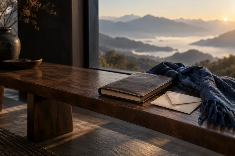 A leather notebook, letter and indigo scarf beside a window