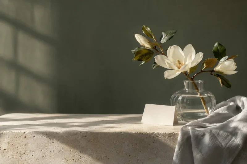 Magnolia, water and a blank card in natural light