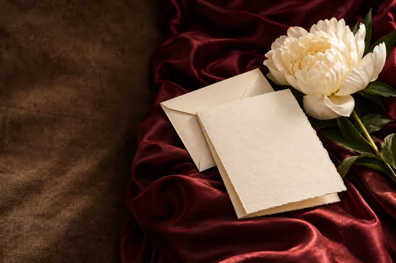 Peonies, a blank letter and burgundy silk