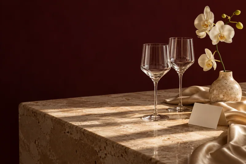 Orchid, glasses and a blank card on warm stone