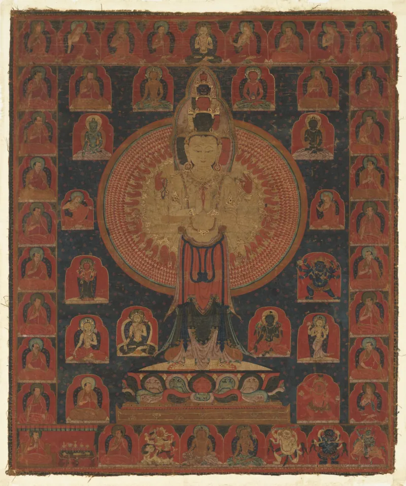 Thousand-Armed Avalokiteshvara standing within a golden field of arms, with smaller figures and offerings around him.