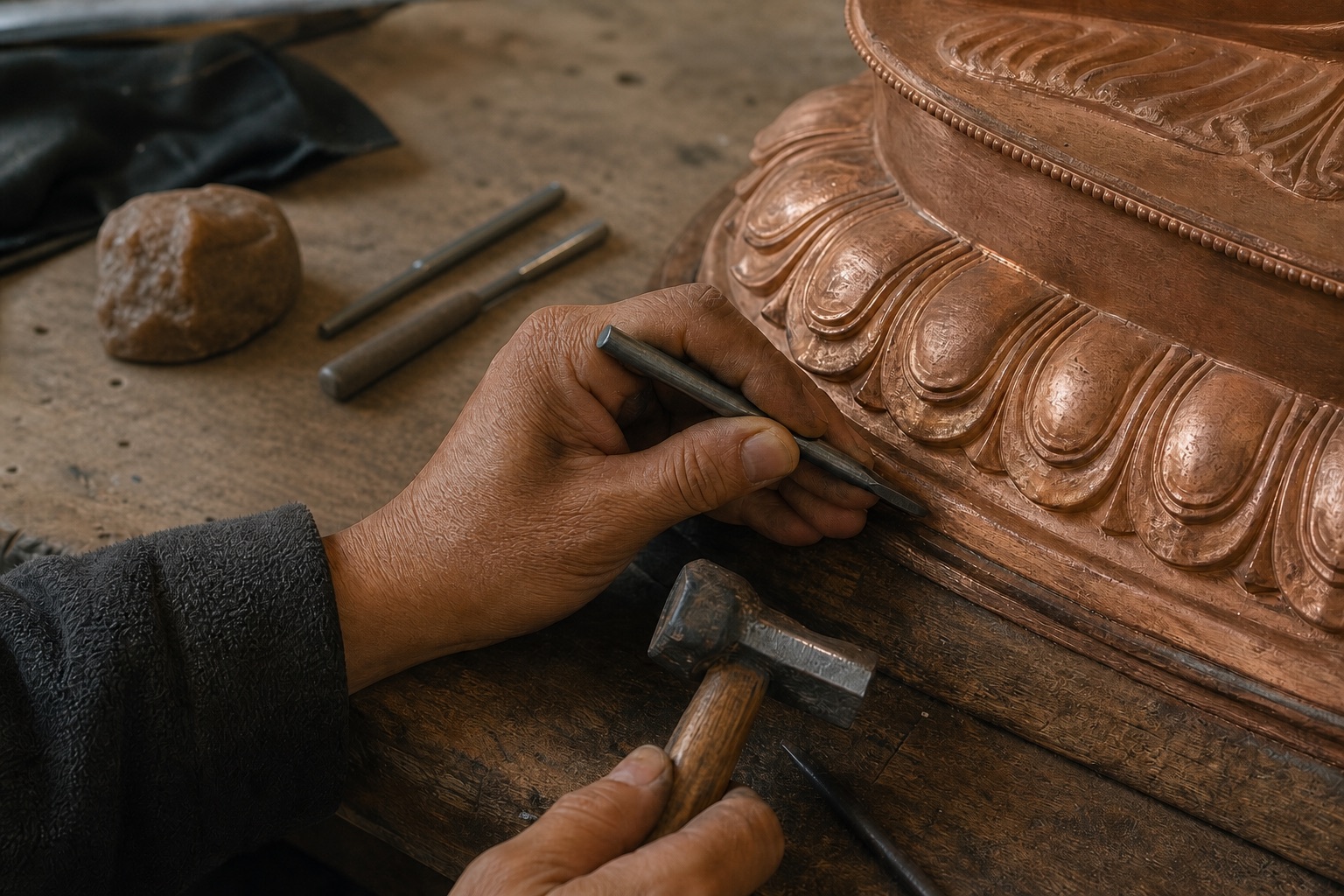 Hands refining the lotus-pedestal detail of a copper-alloy sculpture with small metalworking tools