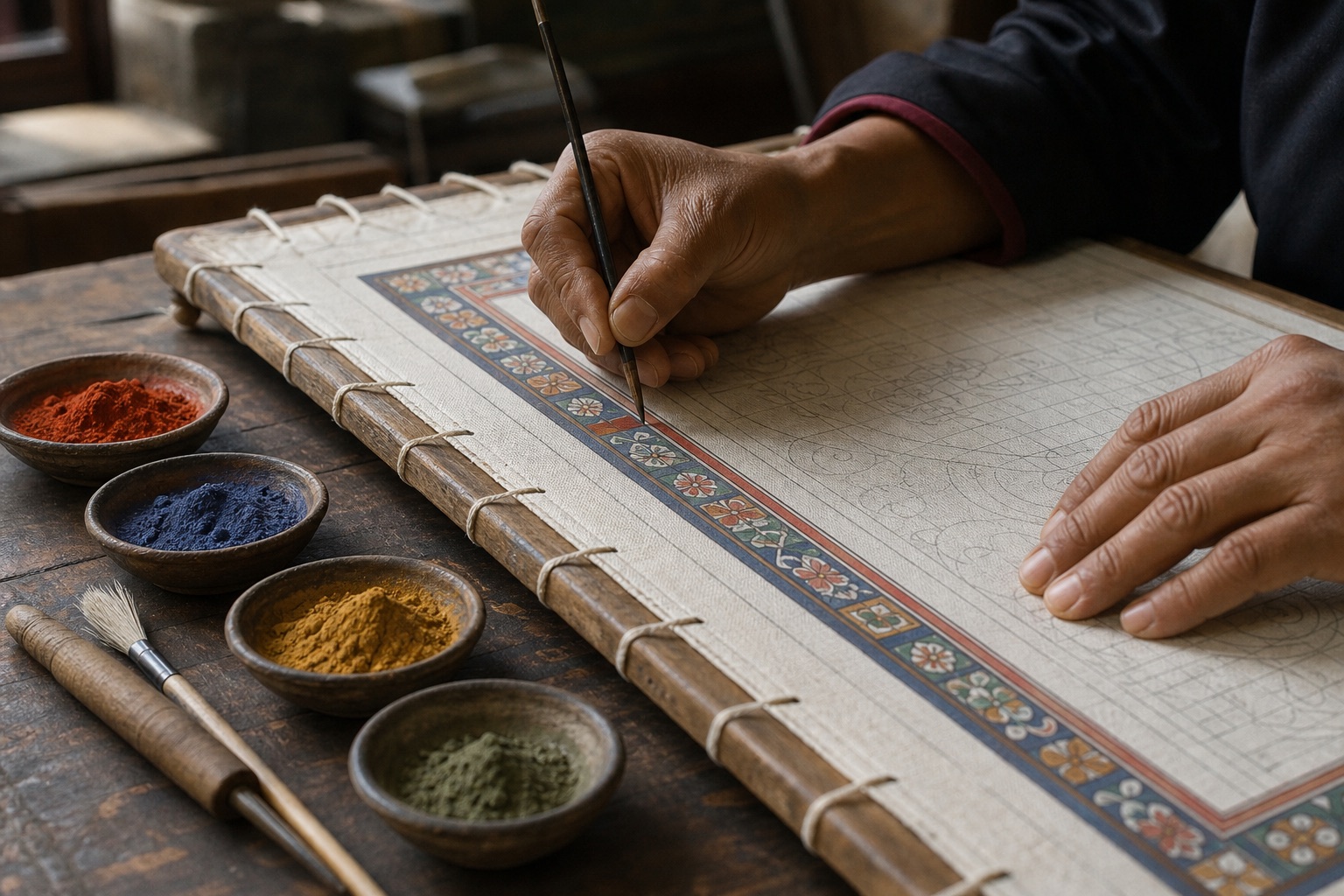 Hands applying colour to the painted border of a thangka on a laced cotton support