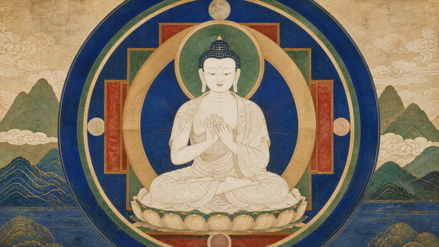 青金色曼荼罗中的白色大日如来对称编辑插画