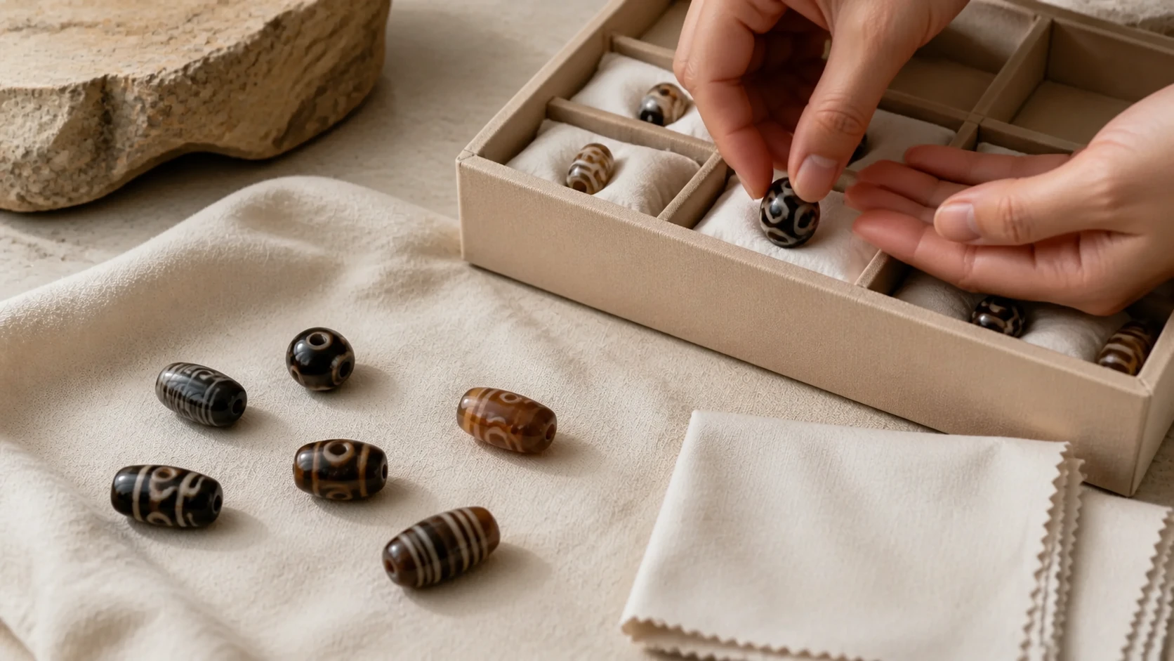 Hands placing patterned beads on a dry soft cloth inside a padded storage box