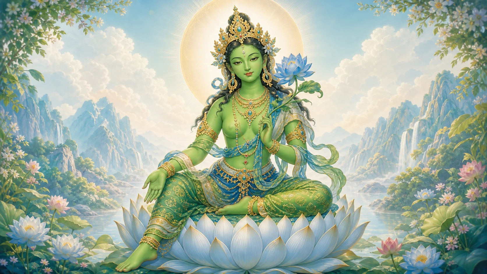 An editorial illustration of Green Tara with right leg extended, open right hand and blue lotus