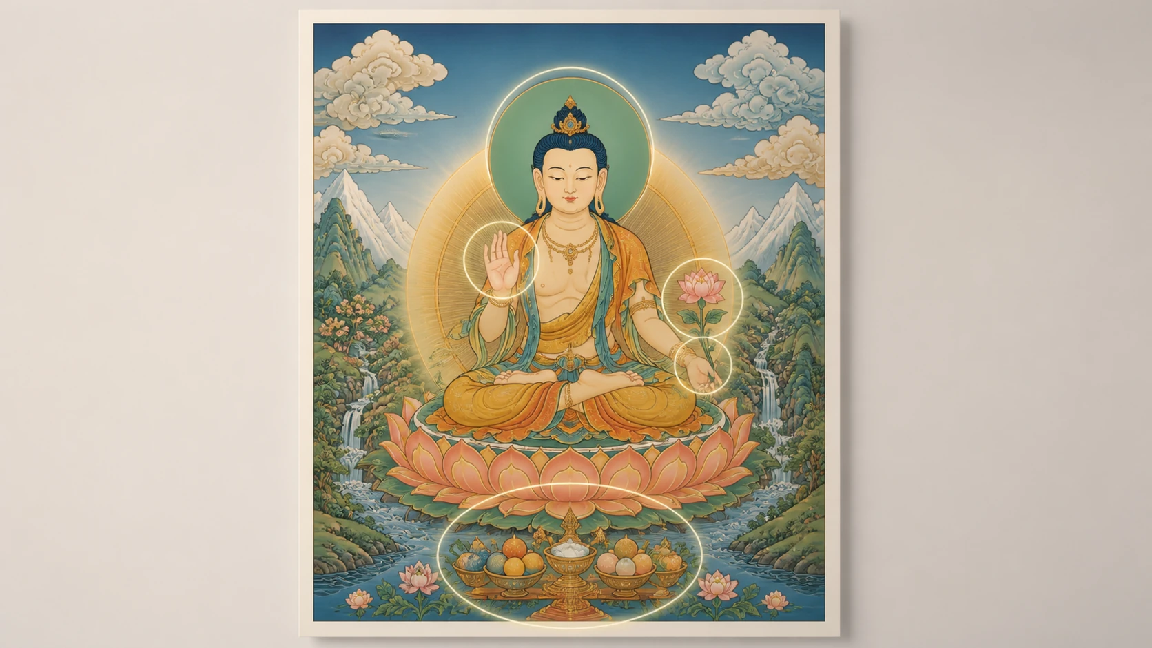 在完整绘画构图中标示主尊、手印、莲花持物与下方供物的编辑示意图