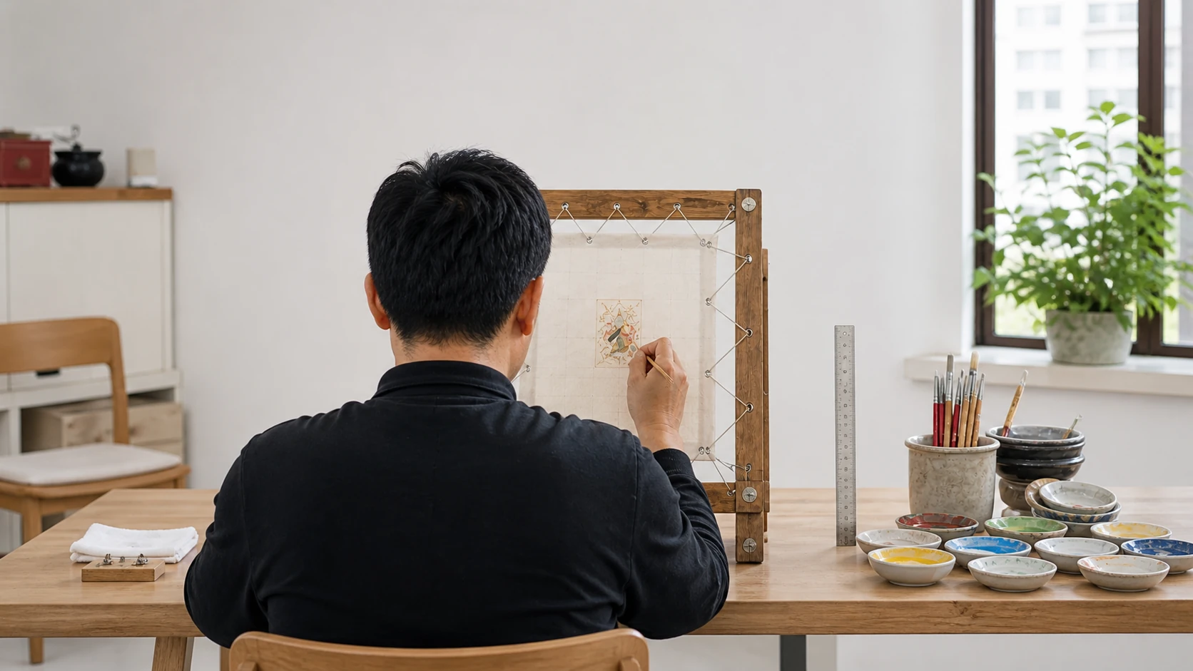 A painter working directly in front of a small thangka panel stretched on a wooden frame, with a ruler, brushes and pigment bowls