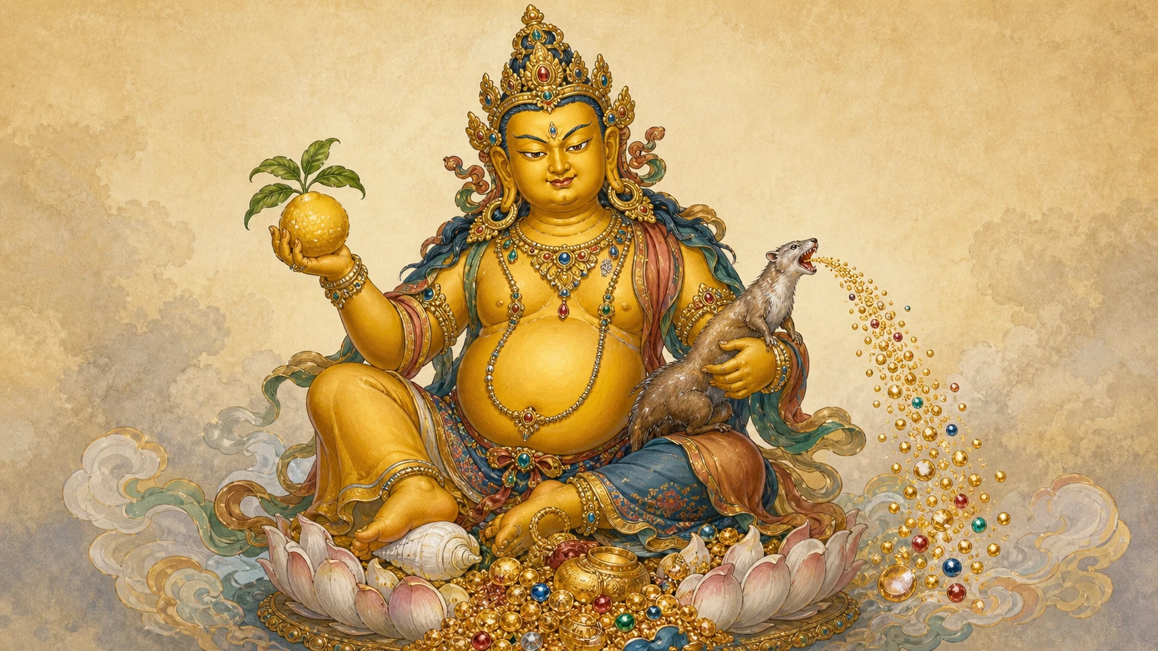 An editorial illustration of Yellow Jambhala with a citron-like fruit, jewel-emitting mongoose and conch