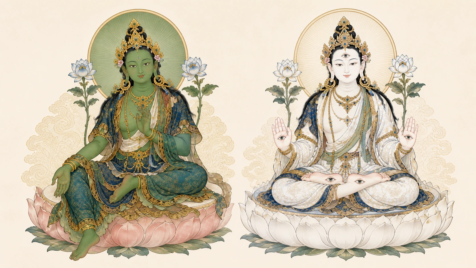 An editorial comparison of Green Tara and White Tara with distinct colour, posture, eyes and lotus clues