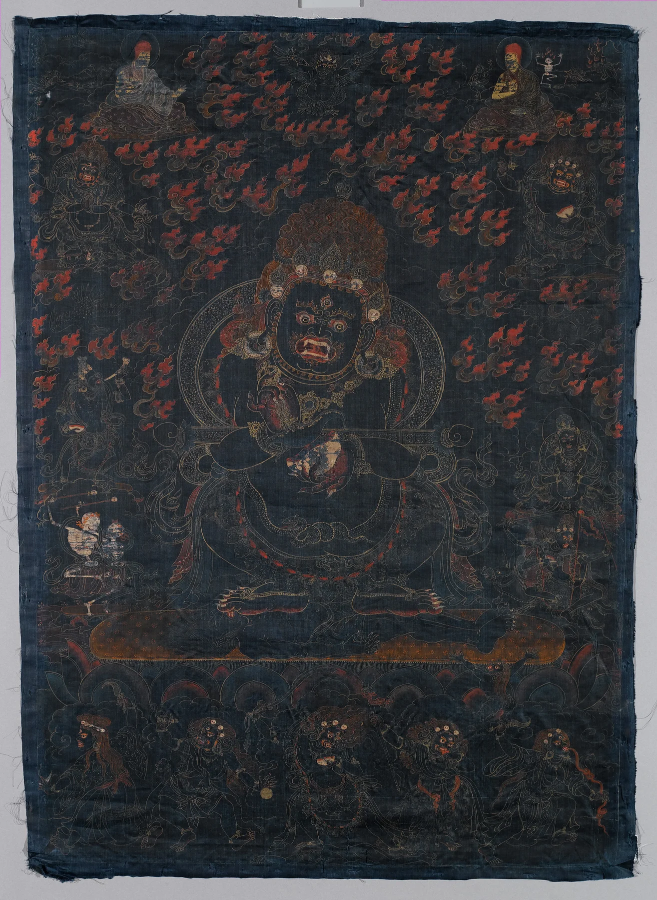 Mahakala, Protector of the Tent, ca. 1650, Tibet; distemper and gold on blue silk, black-ground painting. The Metropolitan Museum of Art, 2006.105. Public domain.