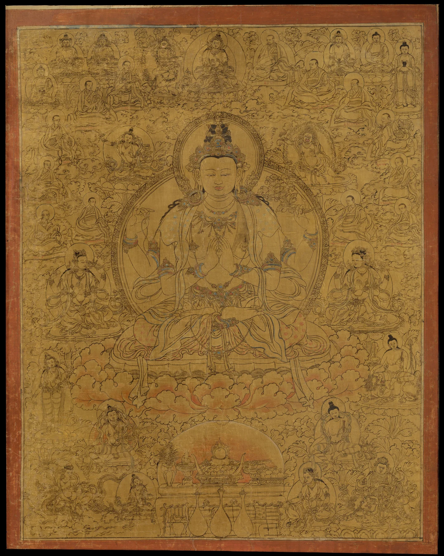 《六字观音与诸化身、僧人》 · 西藏,15世纪晚期 · 大都会艺术博物馆,1985.390.3。Public Domain / CC0。
