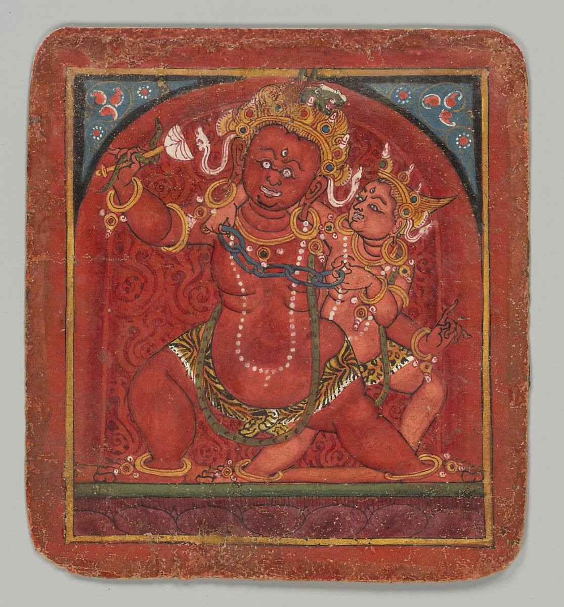 Hayagriva on an early-fifteenth-century Tibetan tsakali initiation card, with a red human figure and a small horse head above