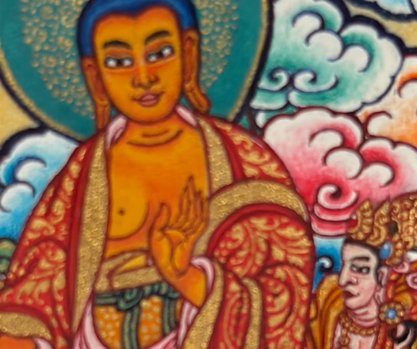 A painted thangka detail showing measured drawing, colour and line