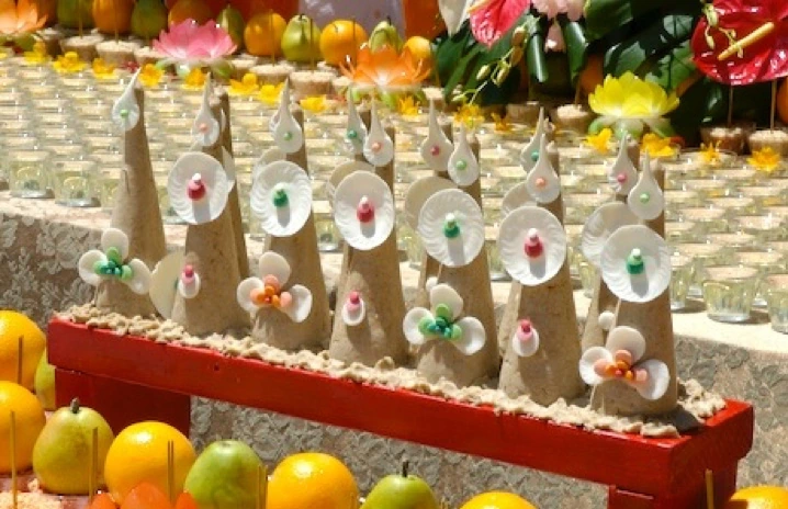 由面粉和酥油制作、排列成供养锥体与装饰的非具象多玛
