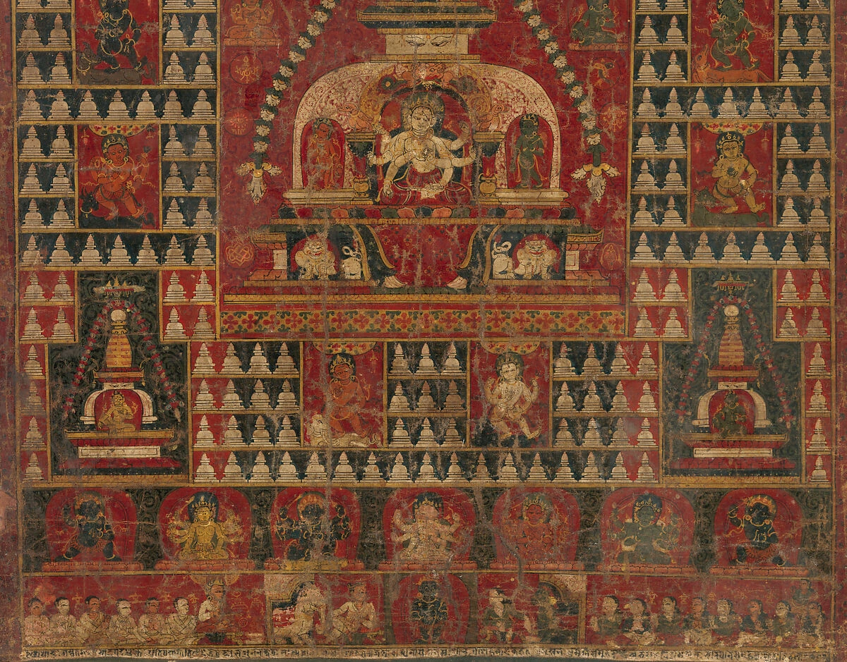 Lower register of the Nepalese Ushnishavijaya painting with the Lakshachaitya dedication scene