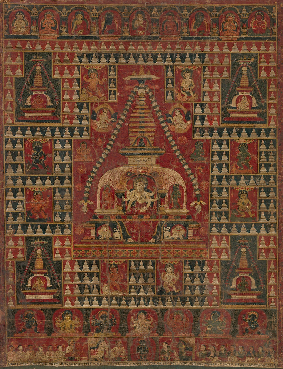 Ushnishavijaya seated inside a central stupa with surrounding deities and many small stupas